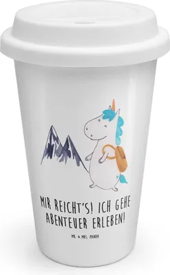 Produktbild von Mr. & Mrs. Panda Thermobecher Einhorn Bergsteiger - Weiß - Geschenk, To Go, Weltreise, Trinkbecher, Unicorn, Mehrwegbecher, Einhörner, Weltenbummler, Reisen, Urlaub