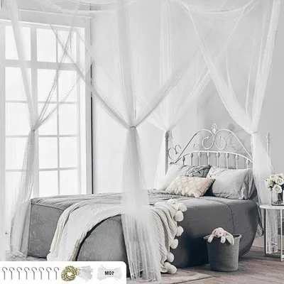 Image de Moustiquaire Famanu pour lits doubles et simples à 4 ouvertures - installation facile pour la maison, le jardin, le balcon ou le camping - blanche 190 x 210 x 240 cm