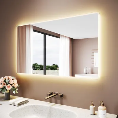 Immagine prodotto di SONNI Specchio da bagno quadrato bianco 120 x 70 x 3,5 cm Illuminazione tricolore Antiappannamento e Bluetooth Con presa di corrente