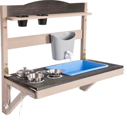 Produktbild von ONVAYA® Hänge-Matschküche ǀ Grau ǀ für Outdoor und Indoor ǀ wetterfest ǀ faltbar ǀ mit Edelstahl-Kochset ǀ Matschküche für den Garten