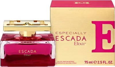 A bottle of Escada Elixir perfume and its packaging.