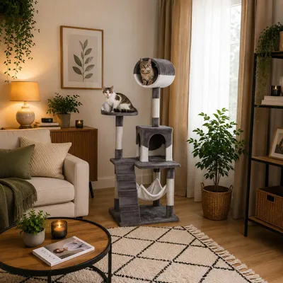 Immagine prodotto di Tiragraffi per gatti Belviona, albero da arrampicata per gatti con cuccia, amaca, scaletta e piattaforma di riposo, grigio/bianco