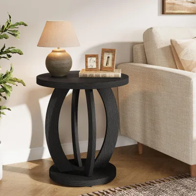 Image de Tribesigns, table d'appoint ronde avec rangement, table de chevet de style rustique avec plateau rond, table d'appoint pour canapé, idéale pour le salon