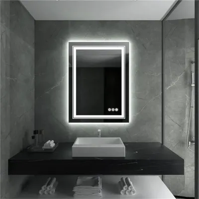 Zdjęcie produktu dla Lustro do łazienki LED - Prostokątne, bezramowe lustro ścienne - 50x70 cm - Podświetlane, możliwość regulacji jasności - Antyfog (przeciwmgielne) - Czujnik dotykowy - IP44, barwa światła: 3000K/4500K/6000K