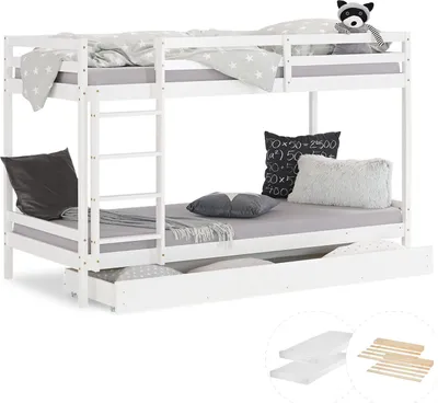 Image de Lit superposé avec tiroir et 2 matelas Lit enfant 90x200 cm Lit mezzanine en bois massif blanc