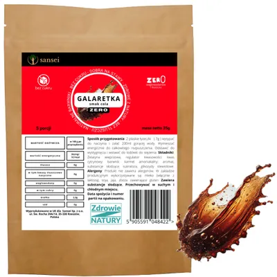 Zdjęcie produktu dla Sansei galaretka Bez Cukru COLA aż 5 porcji w 35g FIT KETO bez glutenu, bez tłuszczu, bez węglowodanów tylko 9,5 kcal porcja