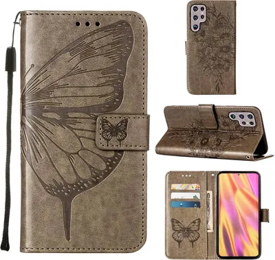 Produktbild von Galaxy S23 Ultra Hülle, Schmetterling Prägung Flip Leder Kartenfächer Schutzhülle Ledertasche mit Ständer für Samsung Galaxy S23 Ultra Grau