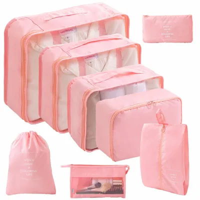 Produktbild von 8er-Set Reise-Aufbewahrungstaschen Set, wasserdichte Organizer, verschiedene Größen, faltbar, leicht, Rosa