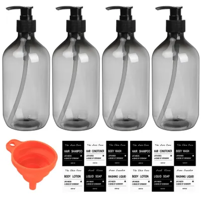 Image de 4 flacons de shampoing vides et rechargeables, flacons distributeurs de savon de 500 ml, flacons à pompe en plastique pour savon liquide, shampoing, après-shampoing, gel douche, autocollants. (Transparent noir)