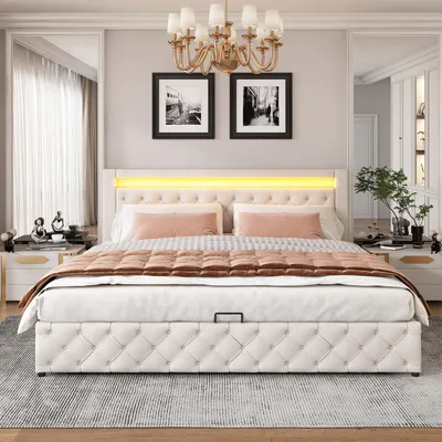 Zdjęcie produktu dla Łóżko tapicerowane 180 x 200 cm funkcjonalne łóżko z listwowym stelażem i schowkiem, oświetlenie LED, z funkcją przechowywania, białe, PU