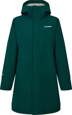 Dunkelgrüne wasserdichte Hardshelljacke mit Kapuze und Berghaus-Logo auf der Brust
