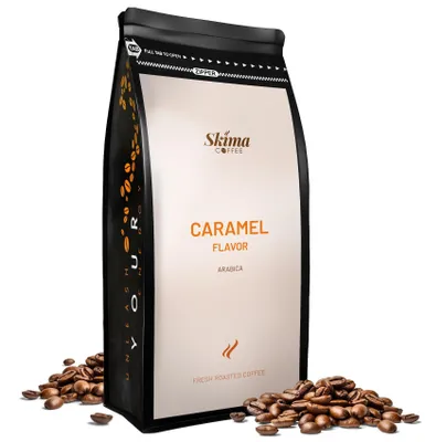 Produktbild von Kaffeebohnen 1 kg KARAMELL-PARADIES aromatisiert 100 % Arabica frisch geröstet für Vollautomaten + Tassenuntersetzer