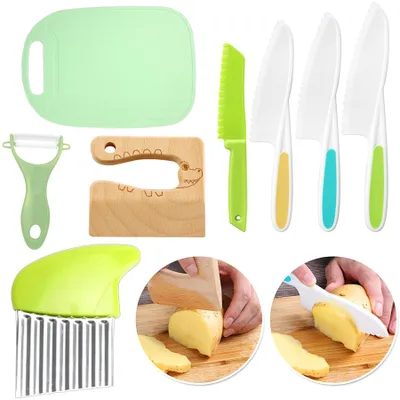 Produktbild von Kinderkochmesser 8 teiliges Kinder Küchenmesser-Set für echtes Kochen, mit Sicheres Küchenmesser, Holzmesser, Schneidebrett etc