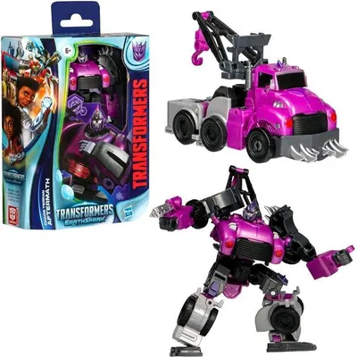 A collage of a Transformers toy in its packaging, in vehicle mode, and in robot mode.