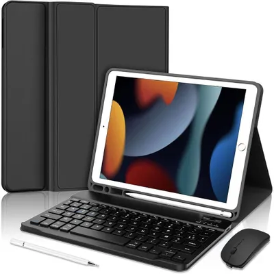 Image de Coque Clavier pour iPad 10,2 Pouces (7/8/9ème Génération, 2019/2020/2021) avec Clavier Bluetooth + Souris + Stylet