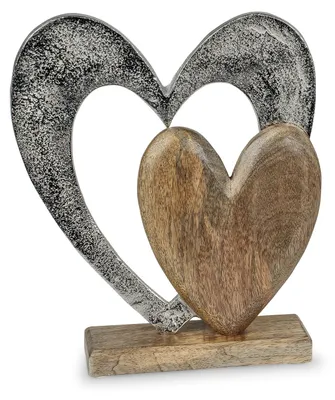 Produktbild von formano Deko Herz aus Alu Mango Holz zum Stellen Aufsteller 26 cm Tischdeko Dekoration