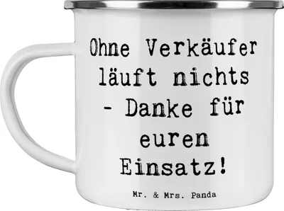 Produktbild von Mr. & Mrs. Panda becher emaille Spruch Verkäufer Helden - Weiß - Geschenk, für, emaillebecher, Aufmerksamkeit, Handgefertigt, Campingtasse, Wertschätzung, Tasse, Teetasse