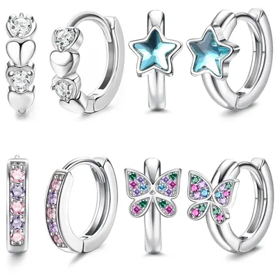 Image de 4 paires de petits boucles d'oreilles en argent, hypoallergéniques, pour femmes et filles