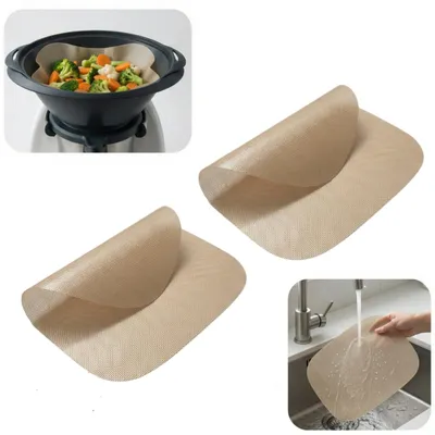 Produktbild von 2 wiederverwendbare Backbleche, kompatibel mit Thermomix TM7 Varoma, Silikon-Backmatte, hitzebeständig bis 250 °C für Backöfen.