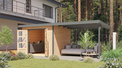 Produktbild von Karibu Gartenhaus Hybridhaus Metall Pluto 6 im Set mit Anbaudach ca. 3 m breit naturbelassen 574x271x218,5 cm