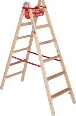 Produktbild von Euroline Holz Sprossenstehleiter mit Comfort-Breitsprossen, Eimerhaken und Werkzeugablagetasche 2x6 Sprossen
