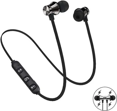 A pair of black wireless earbuds with a silver accent on one earbud, connected by a black wire with an inline remote control. A small circular graphic with two earbuds and lightning bolts is in the bottom right corner.