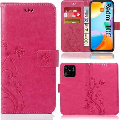 Produktbild von Handy Tasche für Xiaomi Redmi 10C Schutz Hülle Handyhülle mit Blumenmuster Klapp Hülle mit Standfunktion und Kartenfächer Pink