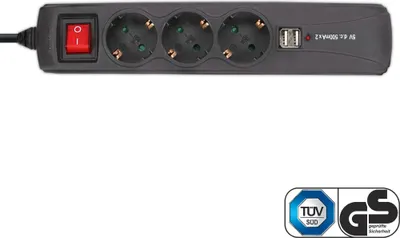 Immagine prodotto di InLine® 16451U Striscia di prese, contatto di terra a 3 vie, 2x USB, con interruttore, 1,5 m, nera