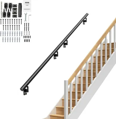 A black handrail is shown in the foreground, with a wooden staircase in the background. Various hardware components and instructions are laid out to the left.