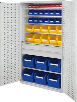Produktbild von Magazinschrank - 40 Sichtlagerkästen - Lochplattentüren - 2 Schubladen - 6 Böden - 1.950 x 1.130 x 590 mm (HxBxT) - lichtgrau