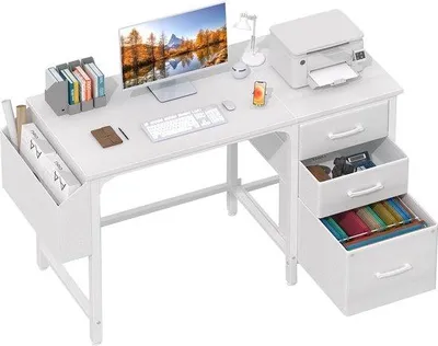 Obrázok produktu pre Uniqoos® kompaktný biely počítačový stôl s rozmermi 120 x 50 cm, s kovovou konštrukciou, úložným priestorom a 2 zásuvkami – ideálny do domáceho pracoviska a kancelárie