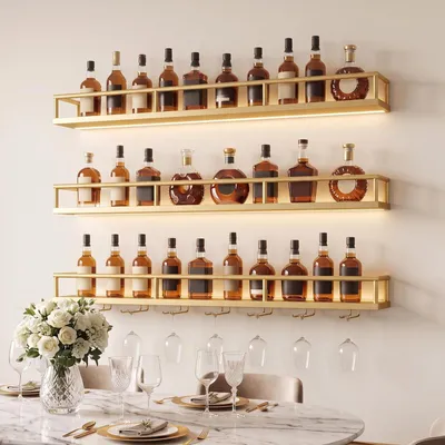 Image de Étagère murale à 3 niveaux pour bouteilles de vin, avec supports en verre, design industriel