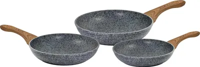 Three frying pans of different sizes are arranged on a white background.