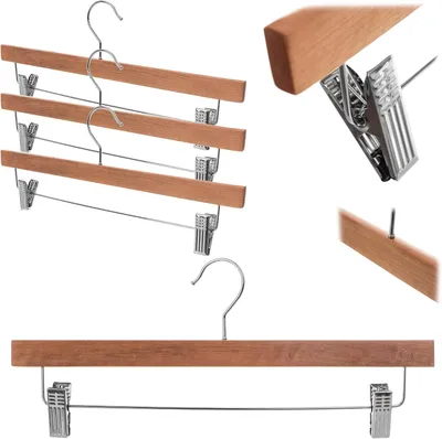 Productafbeelding van Houten Kleerhangers met Klemmen - 3 stuks voor Broeken, Rokken en Overhemden