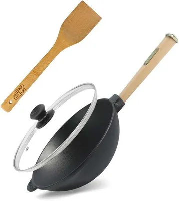 Produktbild von Famanu Wokpfanne Ø 24 cm mit Glasdeckel und Holzspatel - Ideal für asiatische Gerichte