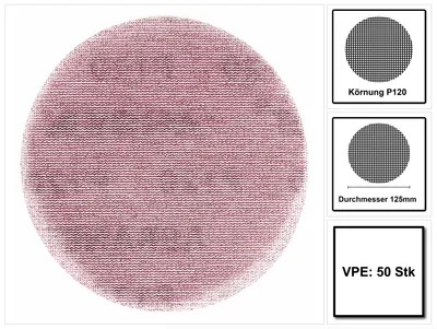 A circular sanding disc with informational graphics on the right.