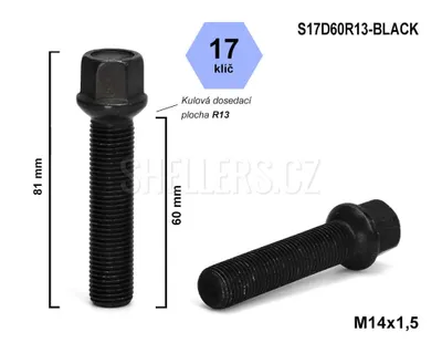 Obrázok produktu pre Skrutka kolesa M14x1,5x55 guľová skrutka R13, kľúč 17, S17D55R13-BLACK, výška 77 mm