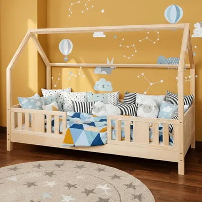Produktbild von MEBLE WRÓBEL Hausbett 80x160 cm mit Rausfallschutz und Lattenrost - Einzelbett Jugendbett- Kinderbett aus Kiefer Massivholz Unlackiert - Kleinkindbett für Jungen & Mädchen - Standhöhe 10 cm