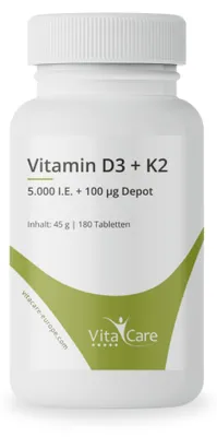 Produktbild von VitaCare Vitamin D3 + K2 Depot, 180 Tabletten, Nahrungsergänzungsmittel mit 5000 I.E. hochdosiertem Vitamin D3 + 100 µg K2- MK7 (All-trans)