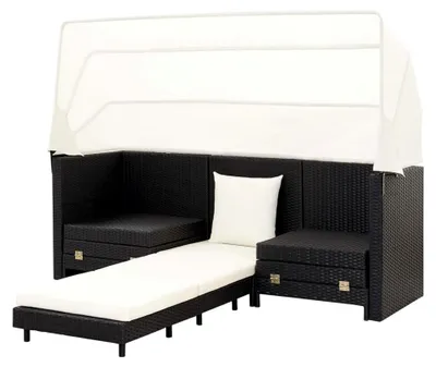 Produktbild von Poly Rattan Schlafsofa 3-in-1 mit Dach, Schwarz/Cremeweiß, 200x185 cm