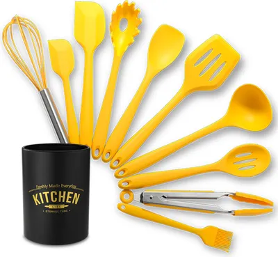 Obrázek produktu pro Silikonové nádobí na vaření Lžíce na vaření Kuchyňské náčiní 10dílná sada Nádobí na vaření BBQ Tool s úložným barelem, žlutá barva