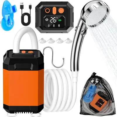 Produktbild von Tragbare Campingdusche, Campingdusche mit Pumpe, Camping Dusche mit 5400mAh Akku, Einstellbare Wassermenge, UV Sterilisation, Mobile Dusche
