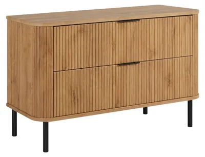 Image de Armoire de salle de bain sur pied, avec tiroirs et pieds en métal, couleur chêne imitation bois, poignée noire, pieds noirs, dimensions : 100 x 41,5 x 66,7 cm