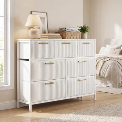 Obrázek produktu pro SONGMICS Komoda se 7 zásuvkami, skříň do obývacího pokoje s potahovou látkou, rozměry 98,7 x 30 x 74,7 cm, bílá barva