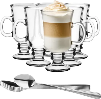 Produktbild von Glasmark Krosno Gläser 6er Set mit langen Löffeln 0,2 Liter Kaffeegläser Teegläser Kaffee Tee Glas Irish Coffee Latte Macchiato Glühwein Gläser Trinkgläser Wassergläser Spülmaschinenfest Glasses 6 x