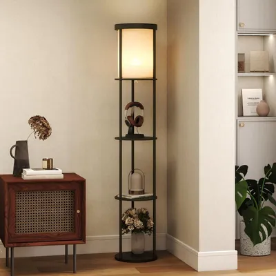 Zdjęcie produktu dla Lampa stojąca Fortuna Lai z 3 półkami, okrągły design, pilot zdalnego sterowania, przełącznik nożny, regulowana temperatura światła, do salonu, czarna