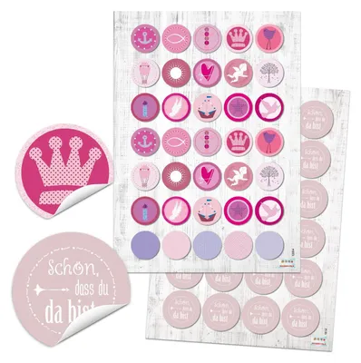 Produktbild von Aufkleber Set 24 Schön, dass du da bist + 35 Sticker rosa pink weiß für Taufe Kommunion