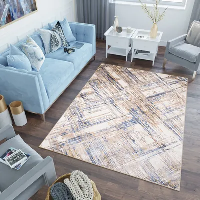 Produktbild von Teppich Wohnzimmer Schlafzimmer Kurzflor Modern Design Beige Blau Meliert 160 x 220 cm