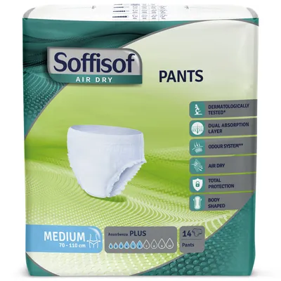 Obrázek produktu pro Soffisof Pants Plus M – 14x inkontinenční plenkové kalhotky – 6 kapek – pro dospělé – velikost M (70–110 cm) – balení