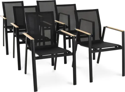 A set of six black outdoor chairs with wooden armrests are arranged in a row against a white background.